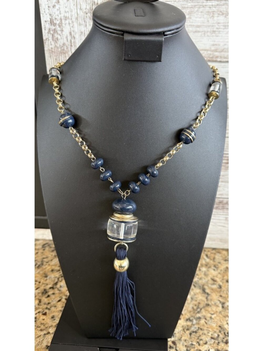 Chico’s Tassel Necklace  Navy Blue W/ Pendant Beaded Chain Gold Tone 32”